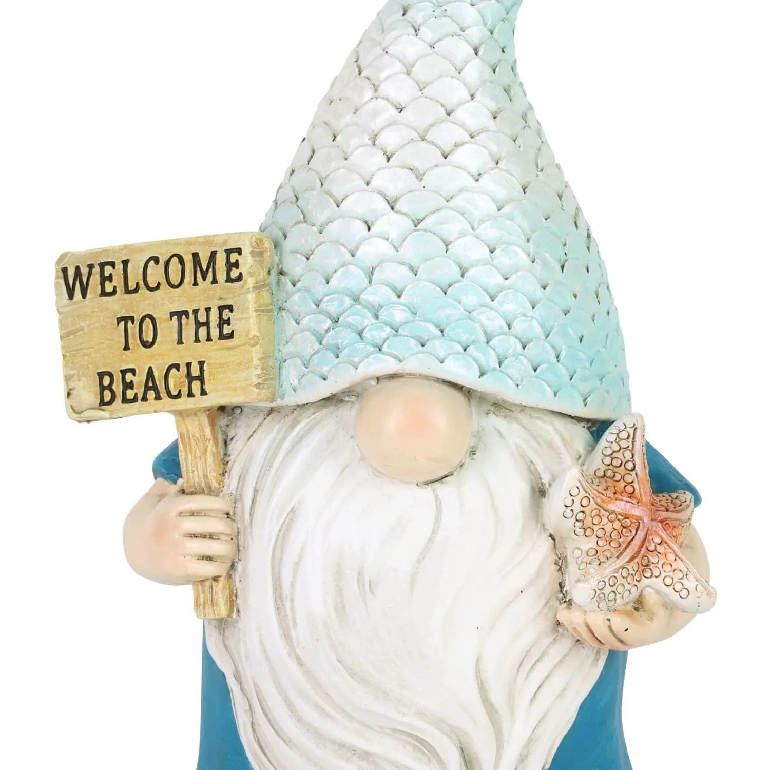 Mermaid Tail Hat Garden Gnome Statue with Welcome to the Beach Sign, 5 x 4 x 8.5 Inches