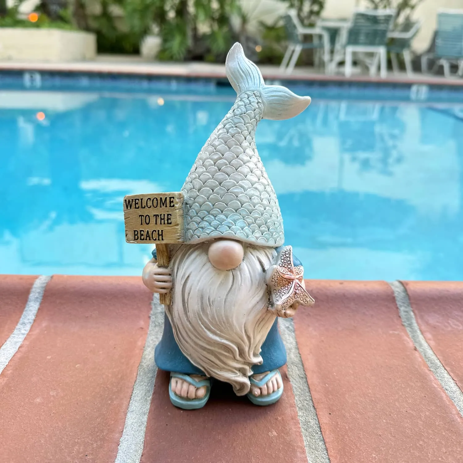 Mermaid Tail Hat Garden Gnome Statue with Welcome to the Beach Sign, 5 x 4 x 8.5 Inches