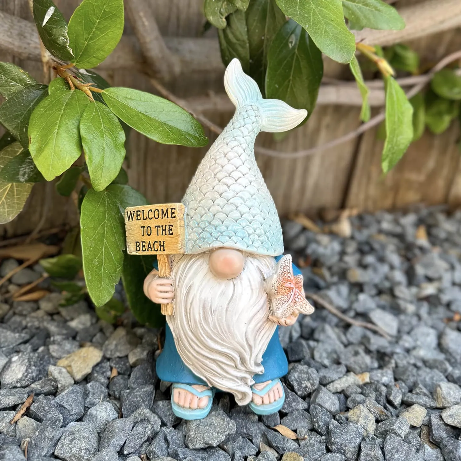 Mermaid Tail Hat Garden Gnome Statue with Welcome to the Beach Sign, 5 x 4 x 8.5 Inches