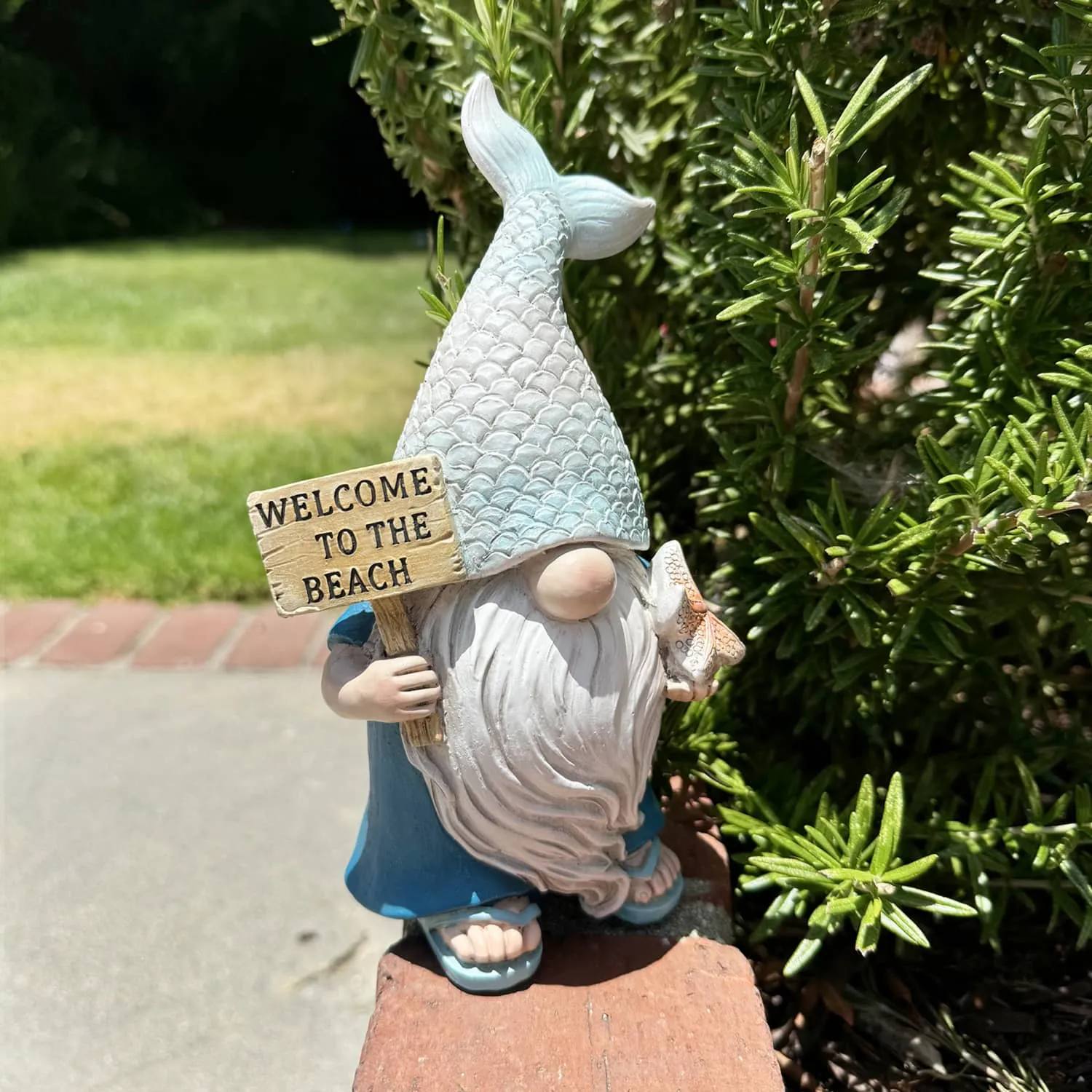 Mermaid Tail Hat Garden Gnome Statue with Welcome to the Beach Sign, 5 x 4 x 8.5 Inches
