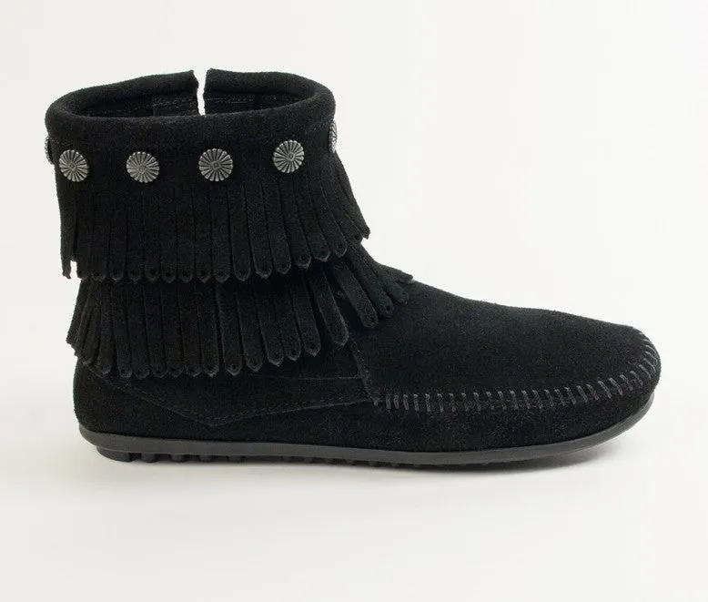 Minnetonka Women's Double Fringe Black Side Zip Boot