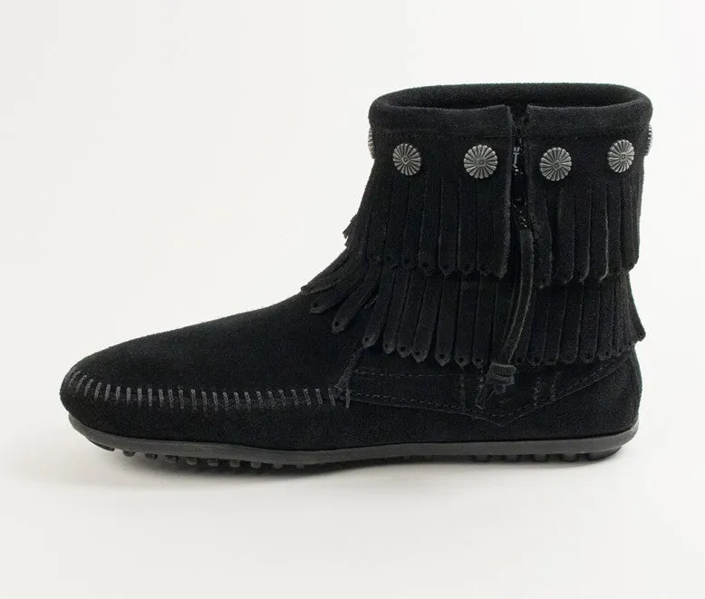Minnetonka Women's Double Fringe Black Side Zip Boot