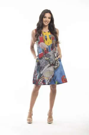 Orientique Burano Blue Boats Printed Sleeveless Woven Shift Dress
