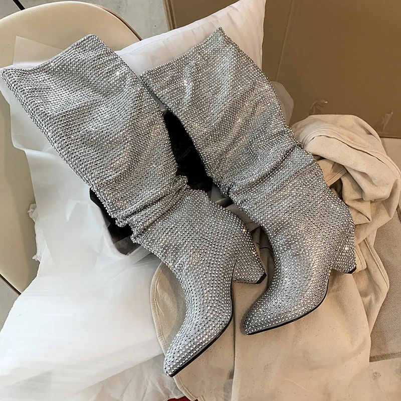 Pointed Toe Rhinestone Ruched High Heel Stacked Boots