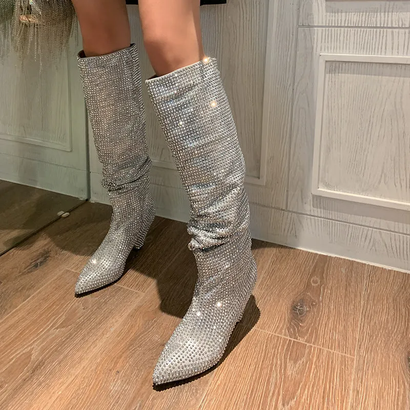 Pointed Toe Rhinestone Ruched High Heel Stacked Boots