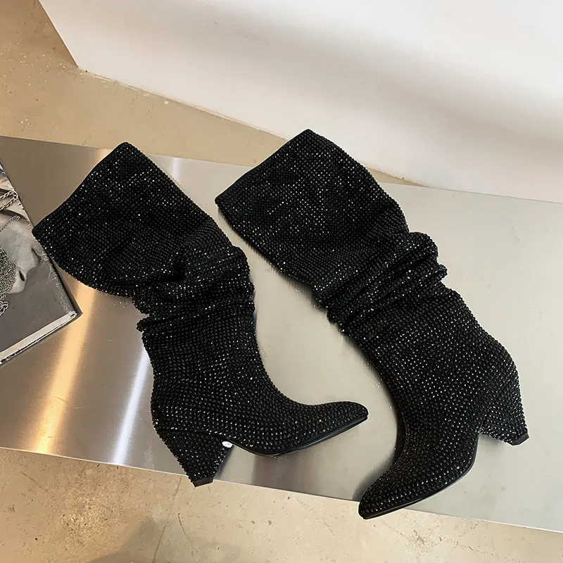 Pointed Toe Rhinestone Ruched High Heel Stacked Boots