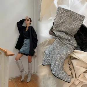 Pointed Toe Rhinestone Ruched High Heel Stacked Boots