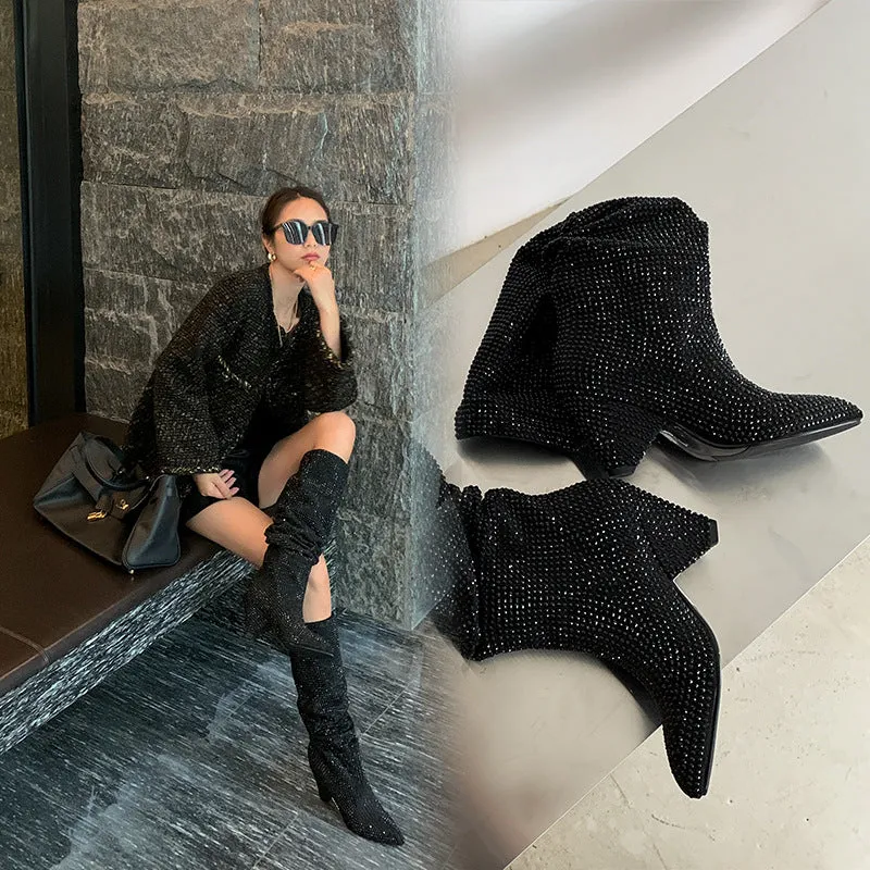 Pointed Toe Rhinestone Ruched High Heel Stacked Boots