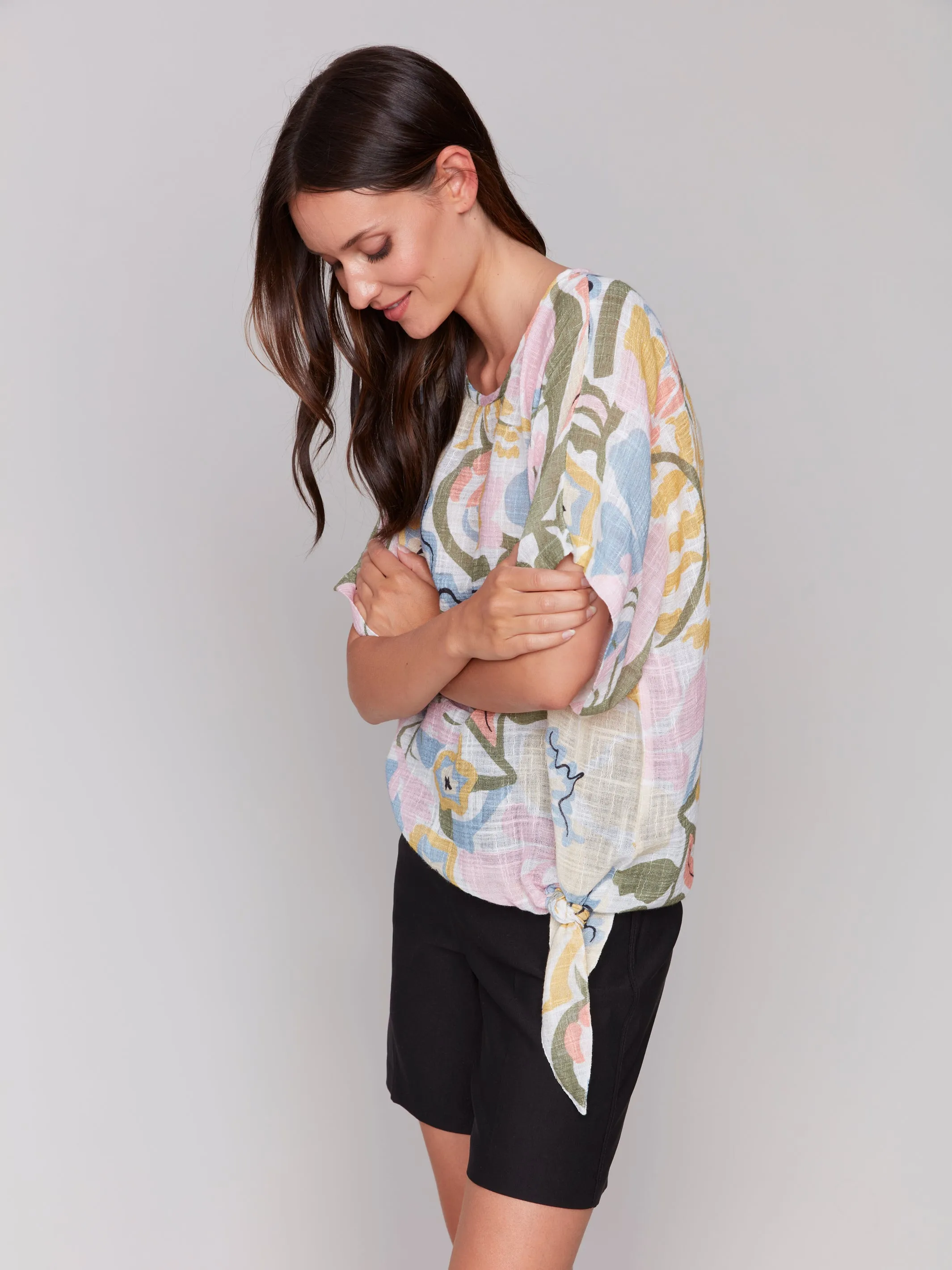 Printed Dolman Sleeve w/ Side Tie by Charlie B