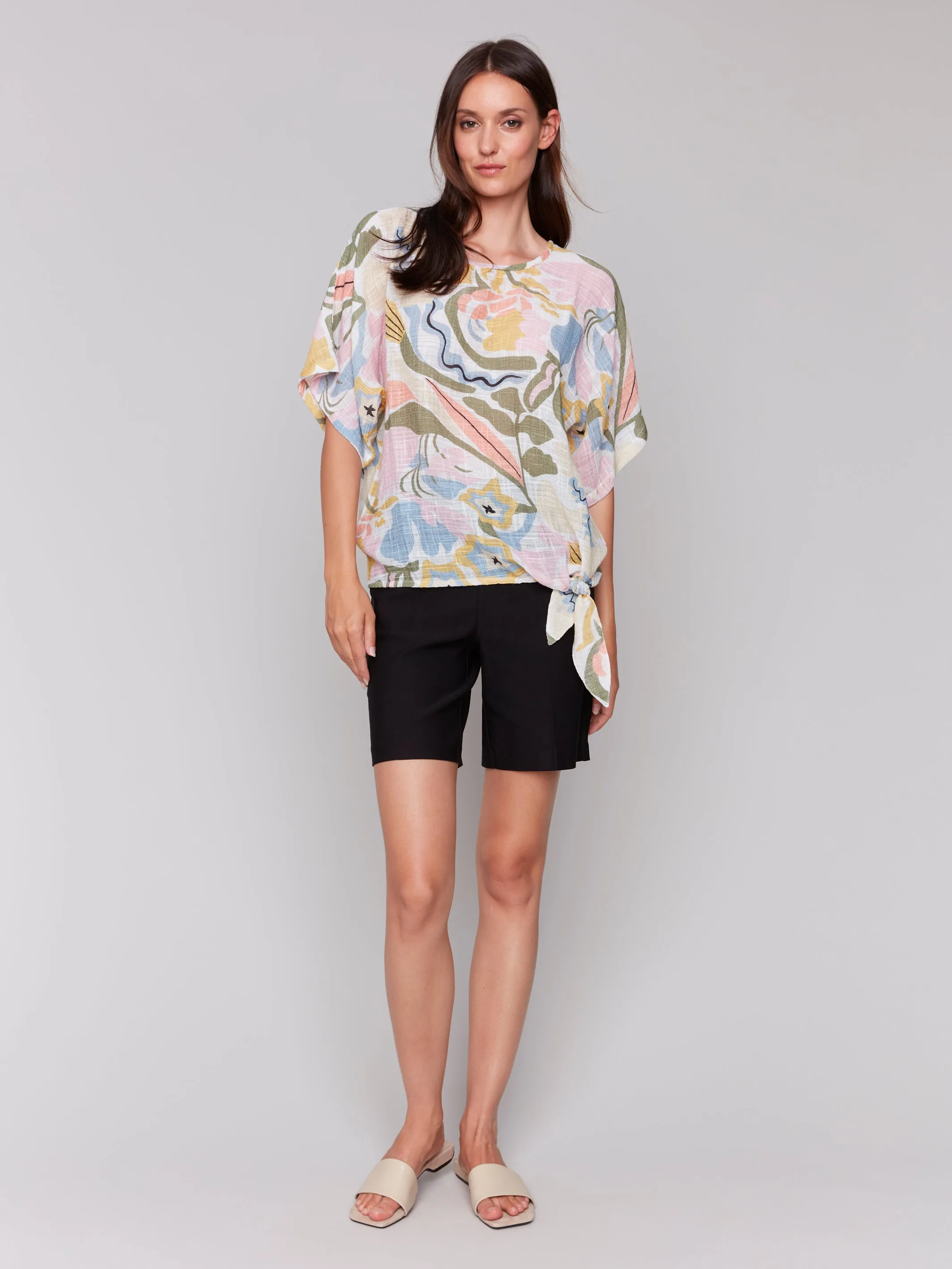 Printed Dolman Sleeve w/ Side Tie by Charlie B