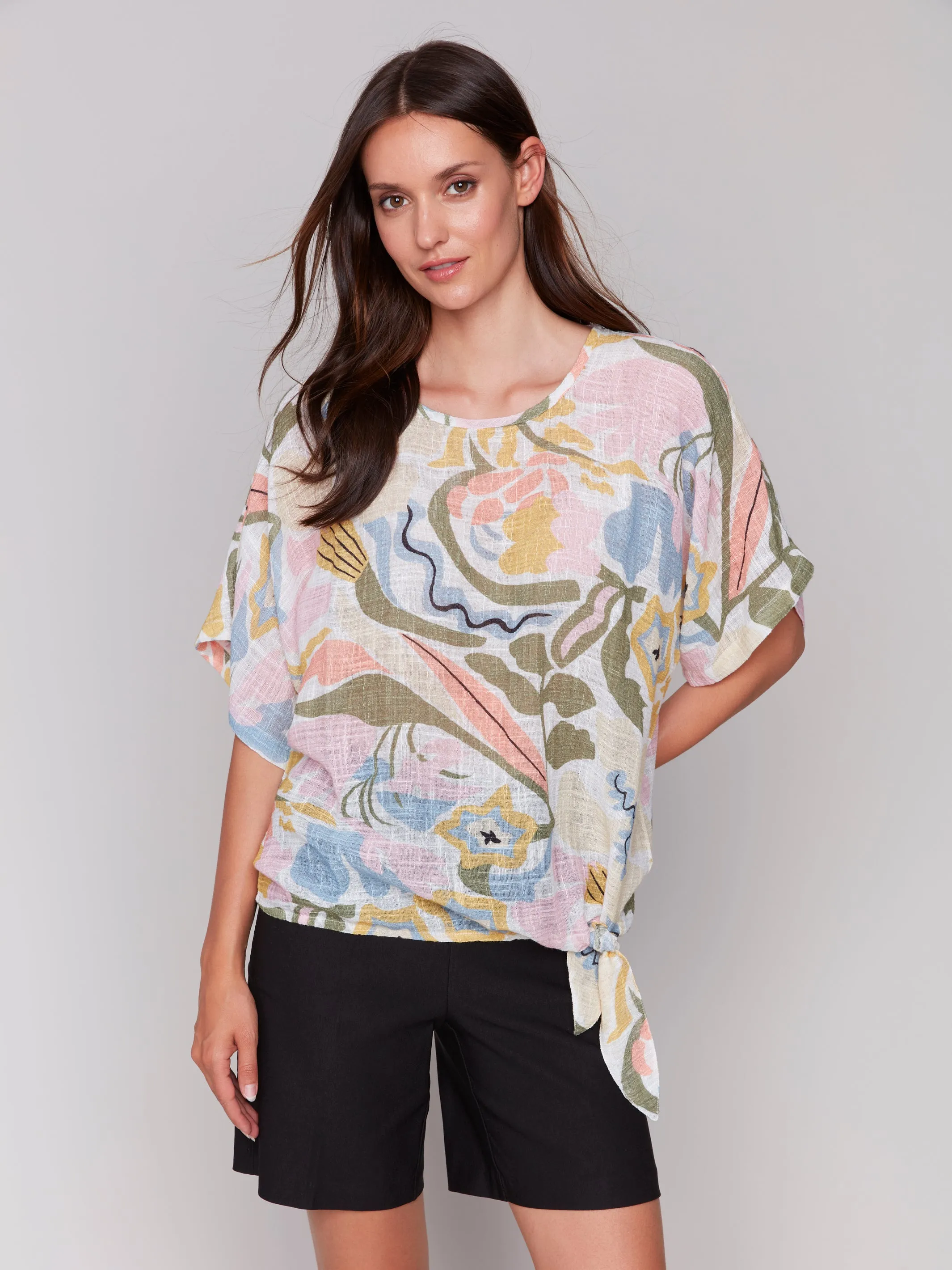 Printed Dolman Sleeve w/ Side Tie by Charlie B