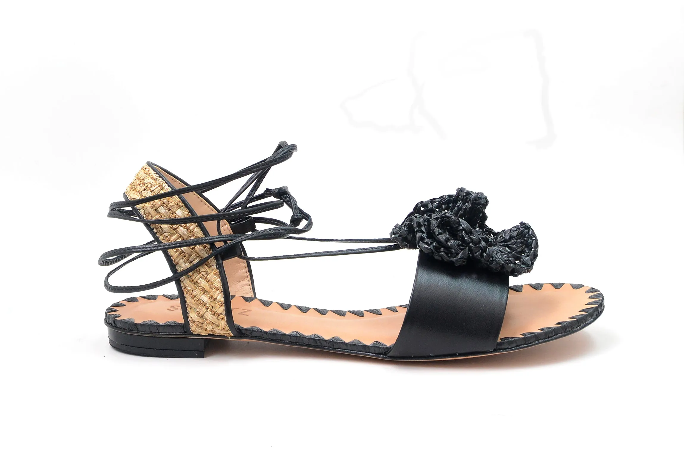 Schutz Womens Kenzie Black Flats Open Toe Flowered Insole Wrap Around Tie Sandal