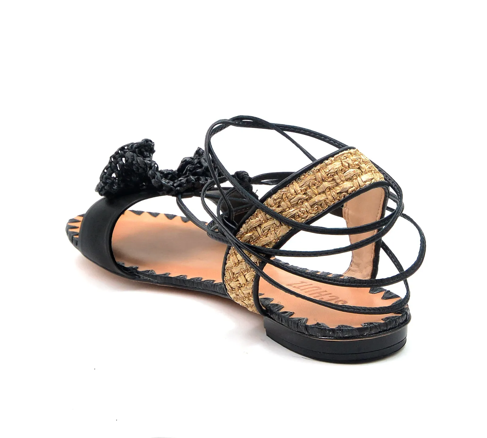 Schutz Womens Kenzie Black Flats Open Toe Flowered Insole Wrap Around Tie Sandal