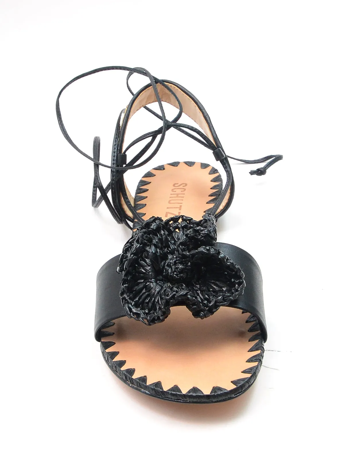 Schutz Womens Kenzie Black Flats Open Toe Flowered Insole Wrap Around Tie Sandal