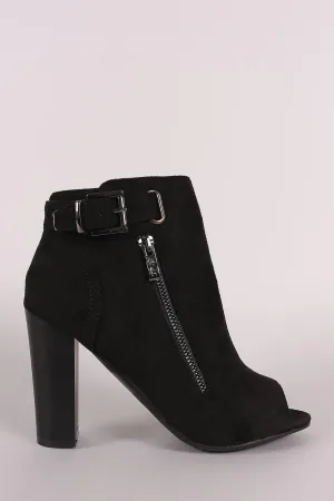 Suede Peep Toe Buckled Zipper Chunky Heeled Ankle Boots