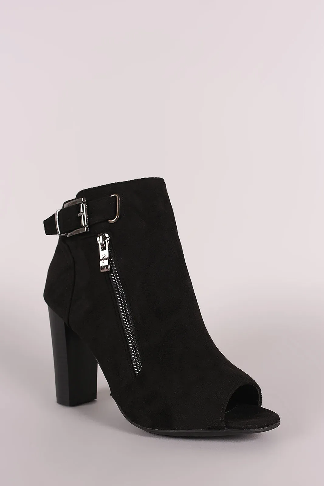 Suede Peep Toe Buckled Zipper Chunky Heeled Ankle Boots