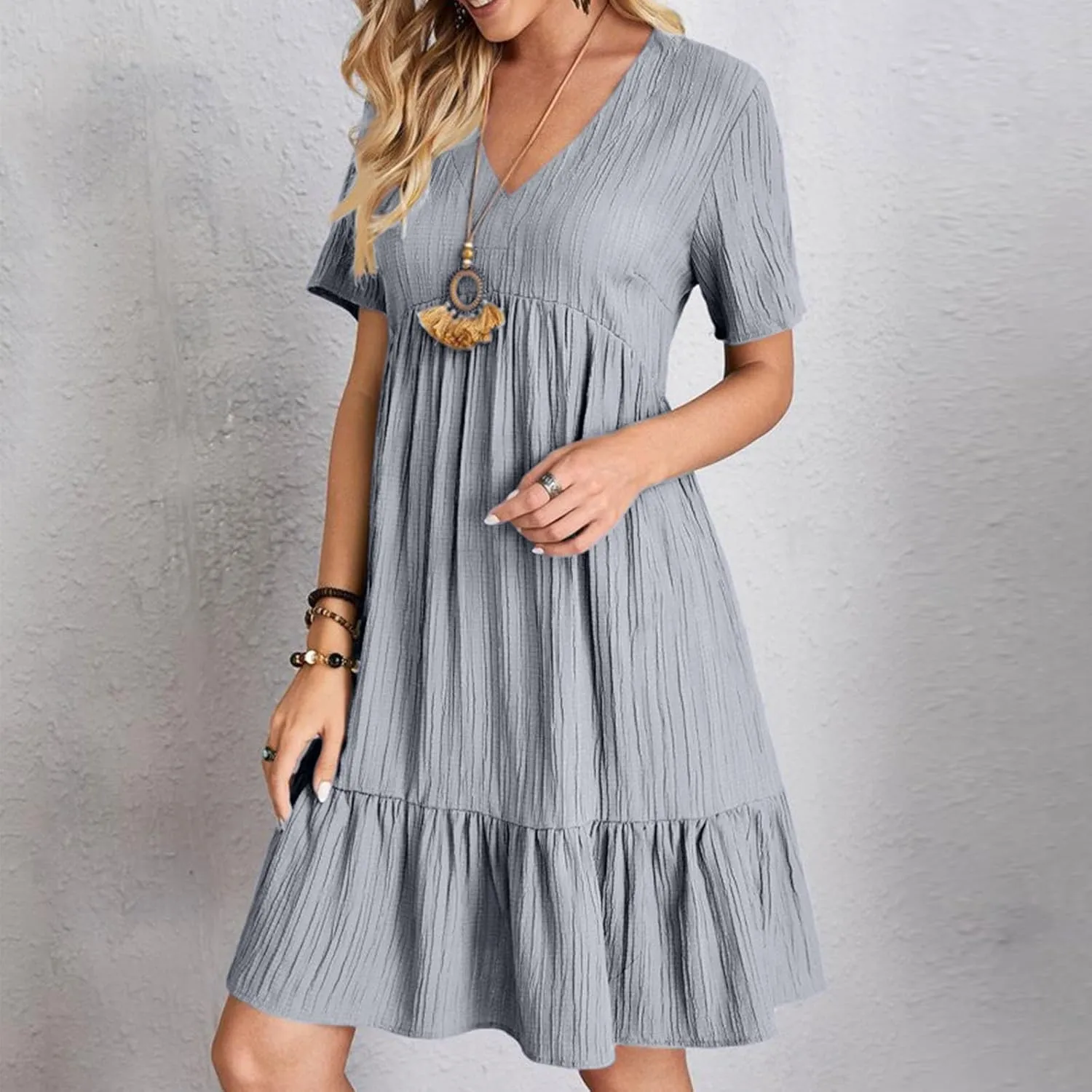Summer Mini Dresses for Women V Neck Short Sleeve Beach Sundress Vacation Wedding Guest Ruffle Hem Pleated Dresses
