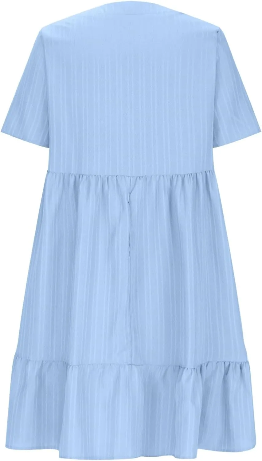 Summer Mini Dresses for Women V Neck Short Sleeve Beach Sundress Vacation Wedding Guest Ruffle Hem Pleated Dresses