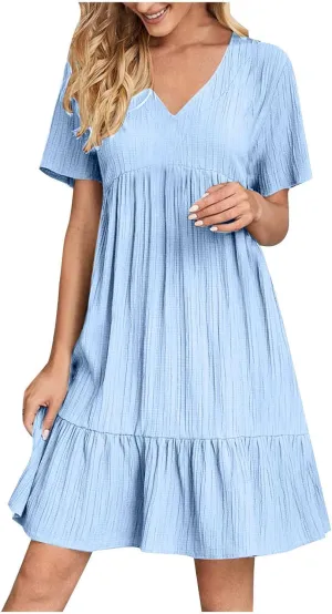 Summer Mini Dresses for Women V Neck Short Sleeve Beach Sundress Vacation Wedding Guest Ruffle Hem Pleated Dresses