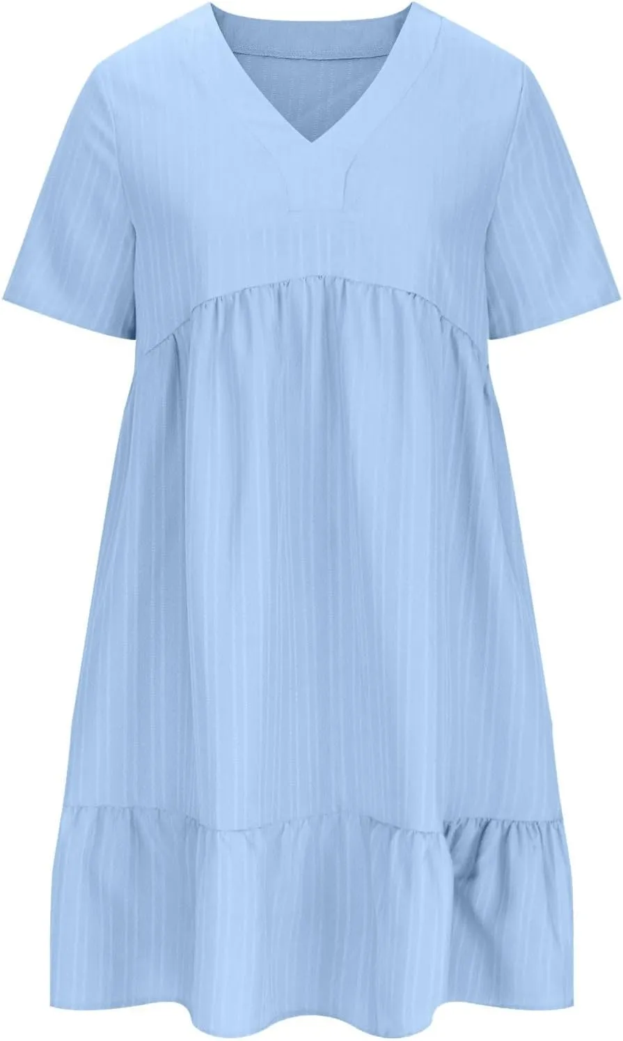 Summer Mini Dresses for Women V Neck Short Sleeve Beach Sundress Vacation Wedding Guest Ruffle Hem Pleated Dresses