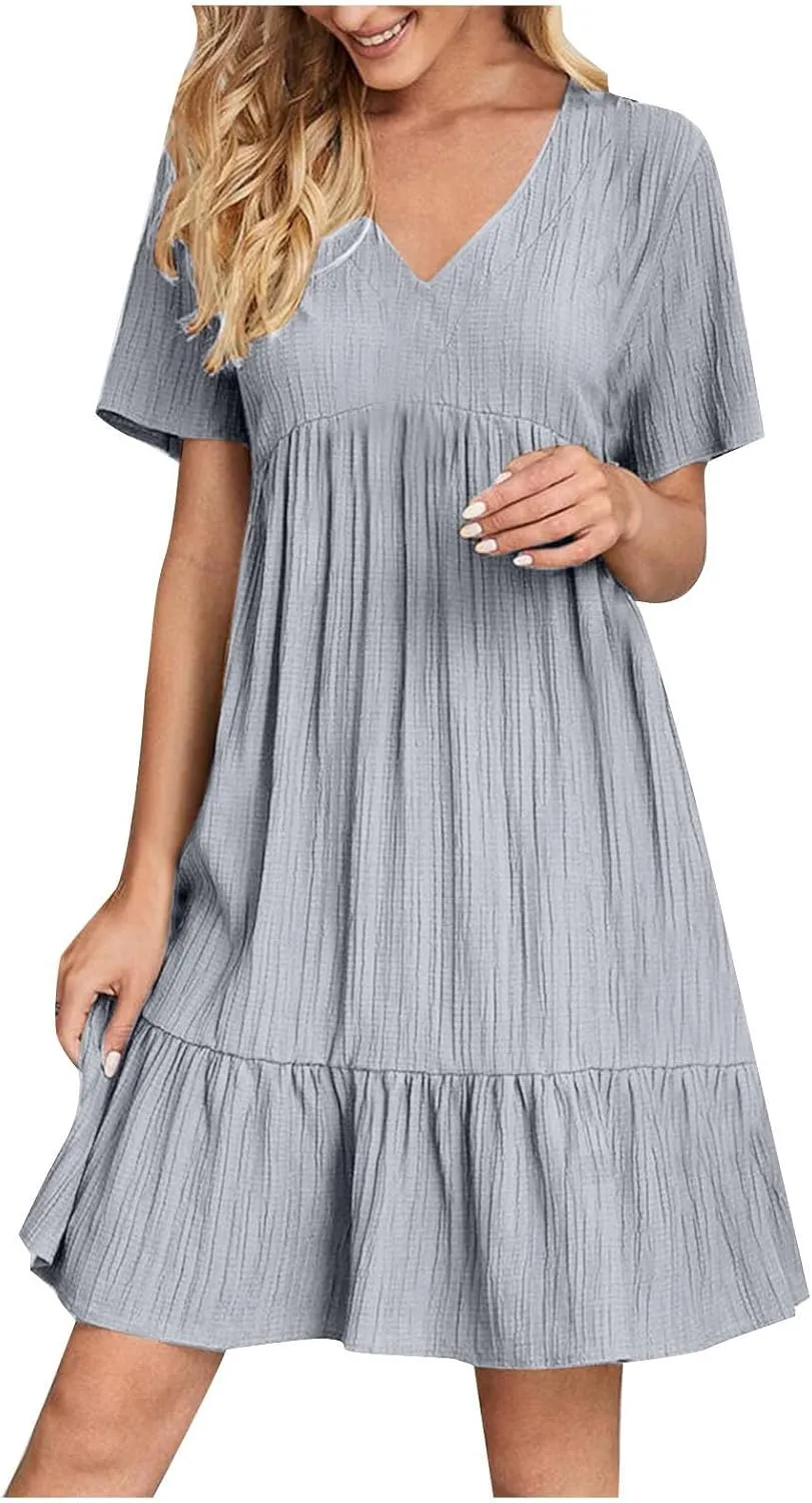 Summer Mini Dresses for Women V Neck Short Sleeve Beach Sundress Vacation Wedding Guest Ruffle Hem Pleated Dresses