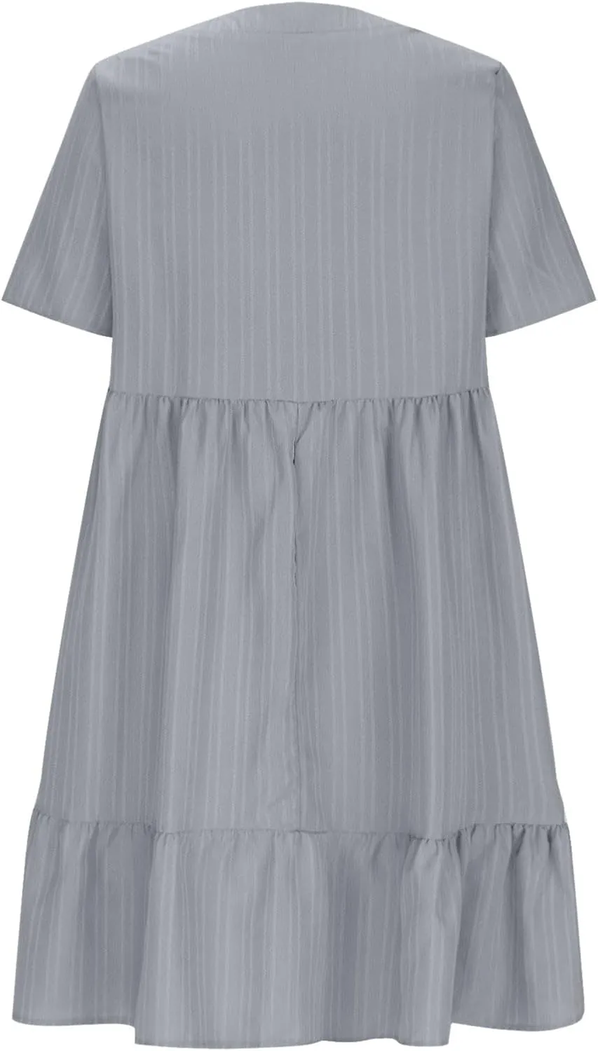 Summer Mini Dresses for Women V Neck Short Sleeve Beach Sundress Vacation Wedding Guest Ruffle Hem Pleated Dresses