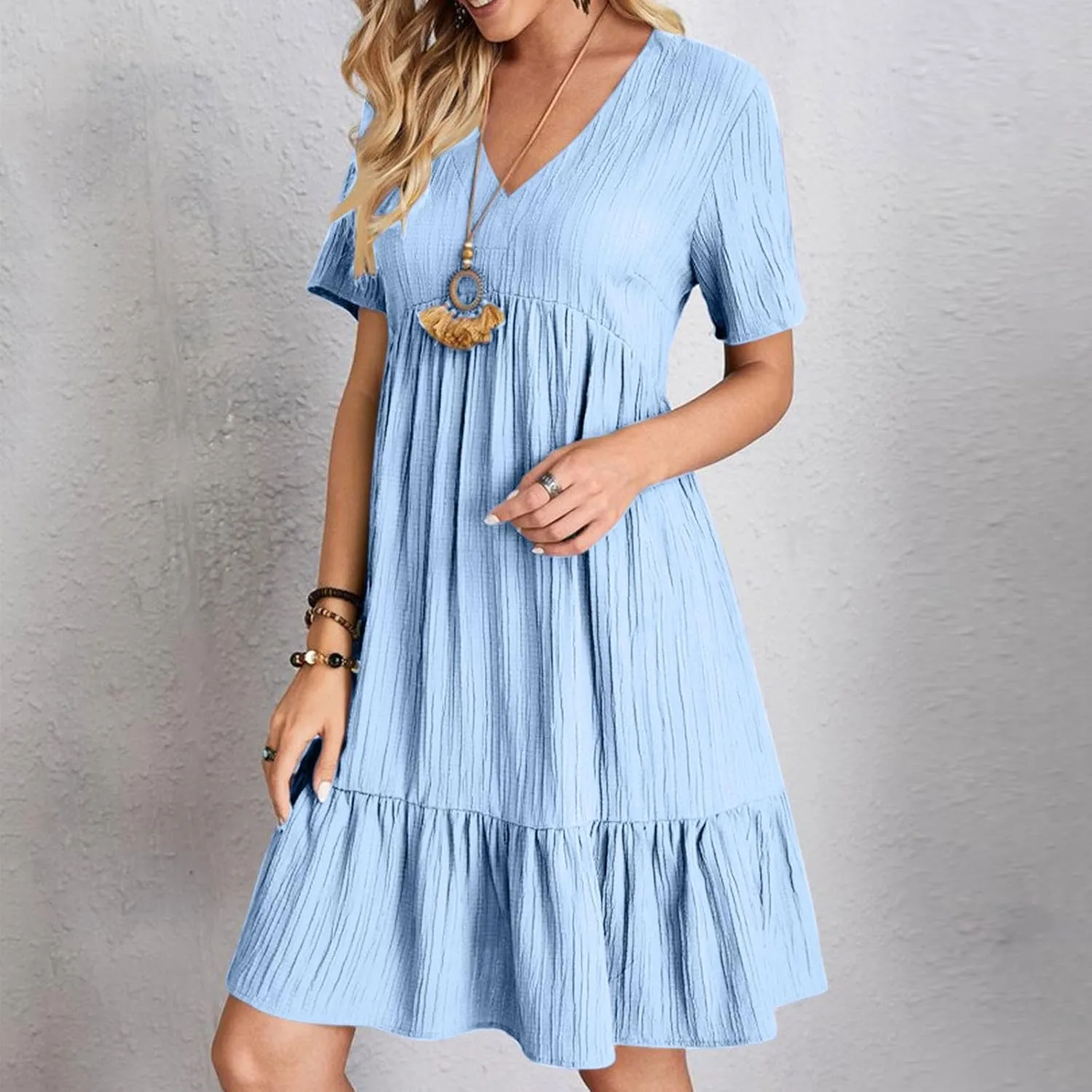 Summer Mini Dresses for Women V Neck Short Sleeve Beach Sundress Vacation Wedding Guest Ruffle Hem Pleated Dresses