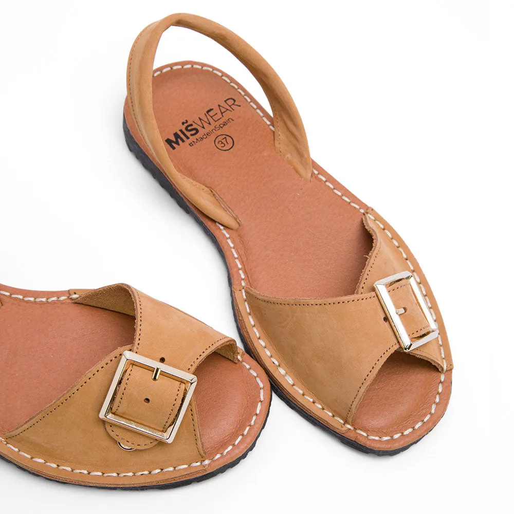 Tan Brown Leather Espadrilles with Buckle Strap