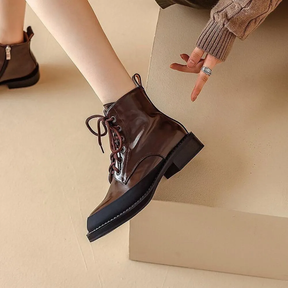 Trendy Patchwork Vamp Side Opening Zipper Lace Up Martin Boots
