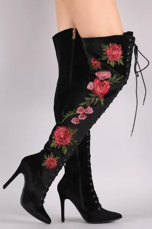 Velvet Floral Embroidery Lace-Up Stiletto OTK Boots