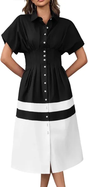 Wenrine Womens Summer Button Down Shirt Dress Casual Color Block V Neck Short Sleeve Corset Maxi Dresses