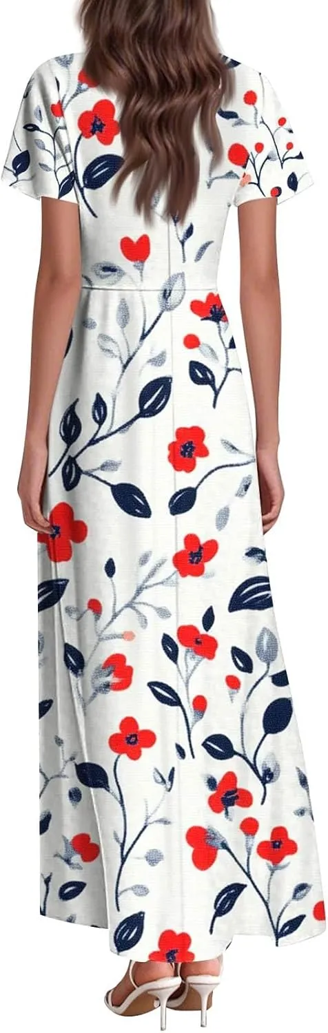 Women's Cute Summer Dresses V Neck Flutter Sleeve Floral Smocked Ruffle Elegant Maxi Sundress 2025 Casual, Xs-2Xl