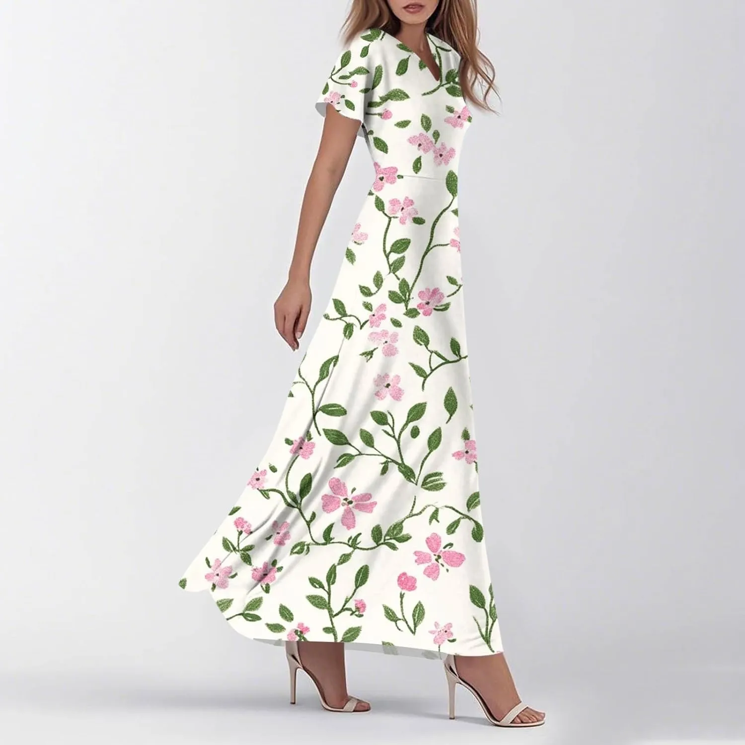 Women's Cute Summer Dresses V Neck Flutter Sleeve Floral Smocked Ruffle Elegant Maxi Sundress 2025 Casual, Xs-2Xl