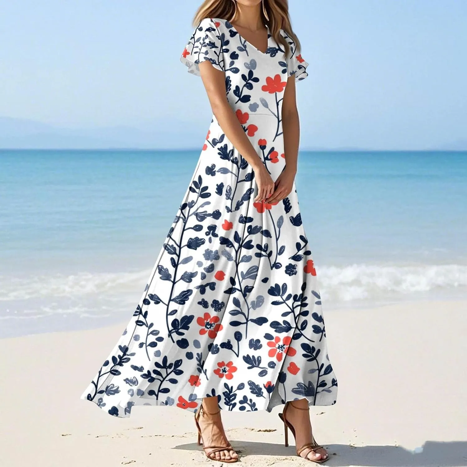 Women's Cute Summer Dresses V Neck Flutter Sleeve Floral Smocked Ruffle Elegant Maxi Sundress 2025 Casual, Xs-2Xl