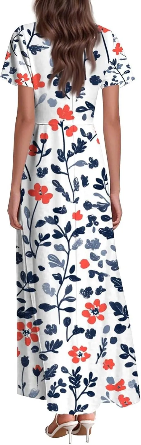 Women's Cute Summer Dresses V Neck Flutter Sleeve Floral Smocked Ruffle Elegant Maxi Sundress 2025 Casual, Xs-2Xl