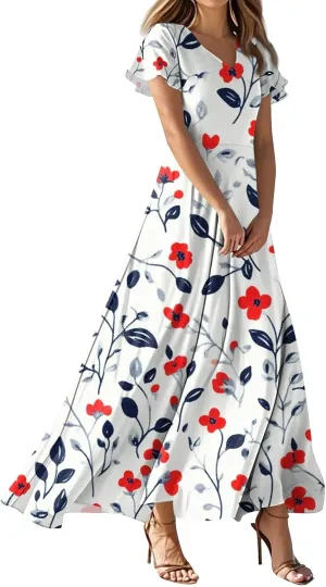 Women's Cute Summer Dresses V Neck Flutter Sleeve Floral Smocked Ruffle Elegant Maxi Sundress 2025 Casual, Xs-2Xl