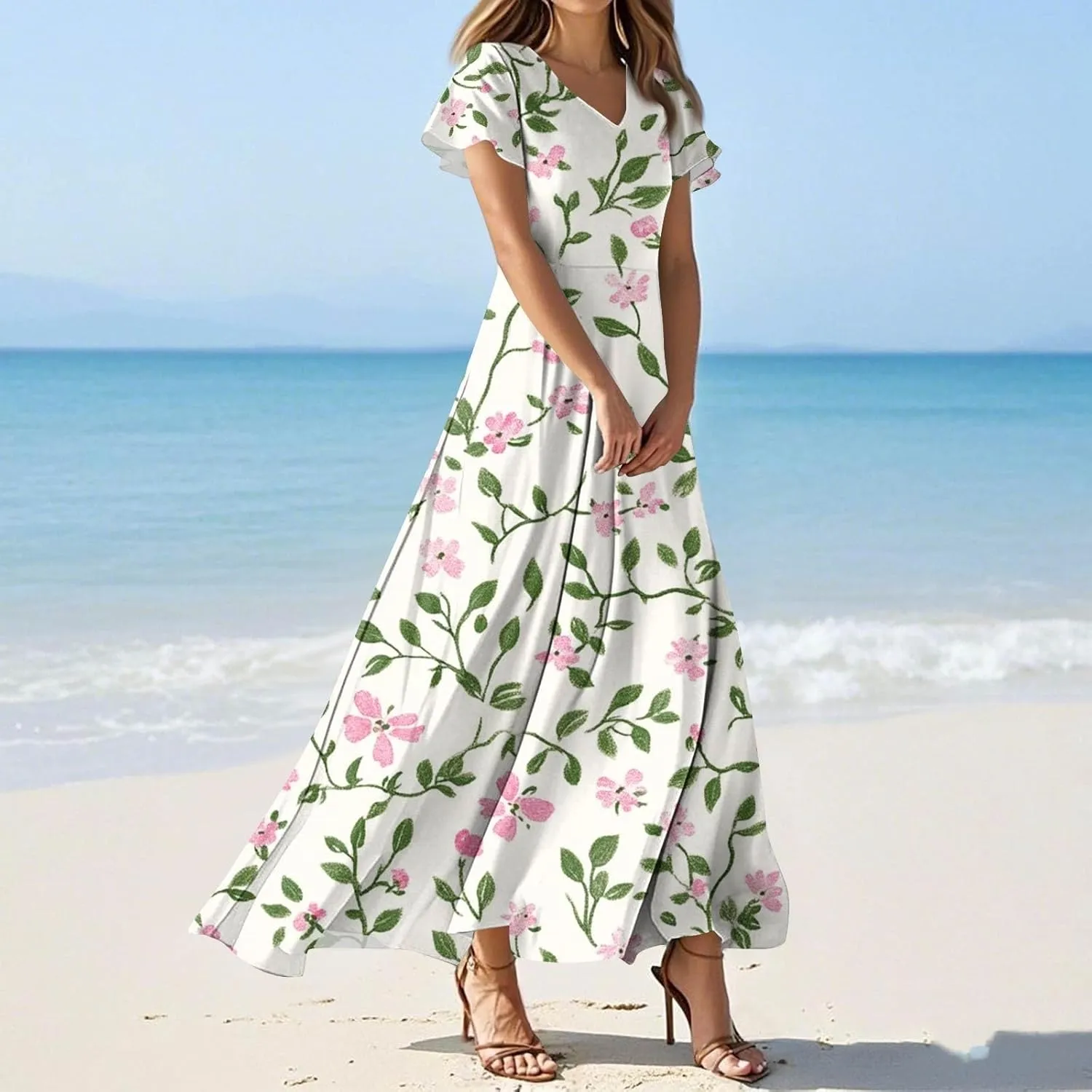 Women's Cute Summer Dresses V Neck Flutter Sleeve Floral Smocked Ruffle Elegant Maxi Sundress 2025 Casual, Xs-2Xl