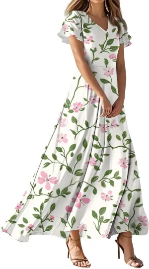 Women's Cute Summer Dresses V Neck Flutter Sleeve Floral Smocked Ruffle Elegant Maxi Sundress 2025 Casual, Xs-2Xl