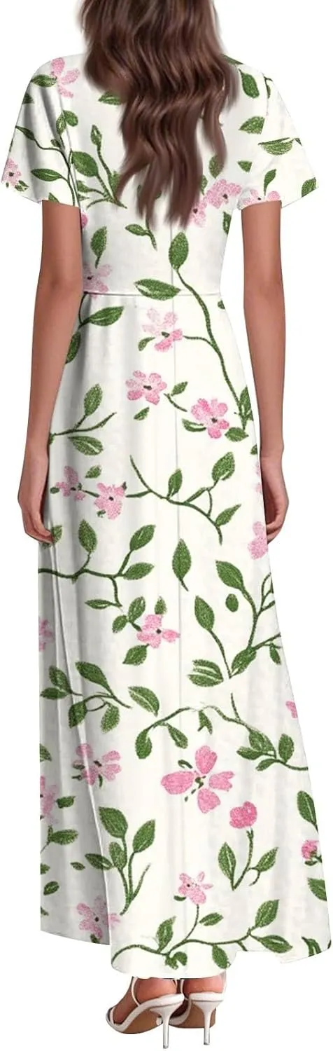 Women's Cute Summer Dresses V Neck Flutter Sleeve Floral Smocked Ruffle Elegant Maxi Sundress 2025 Casual, Xs-2Xl