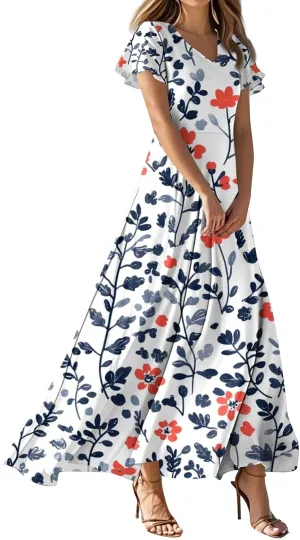 Women's Cute Summer Dresses V Neck Flutter Sleeve Floral Smocked Ruffle Elegant Maxi Sundress 2025 Casual, Xs-2Xl