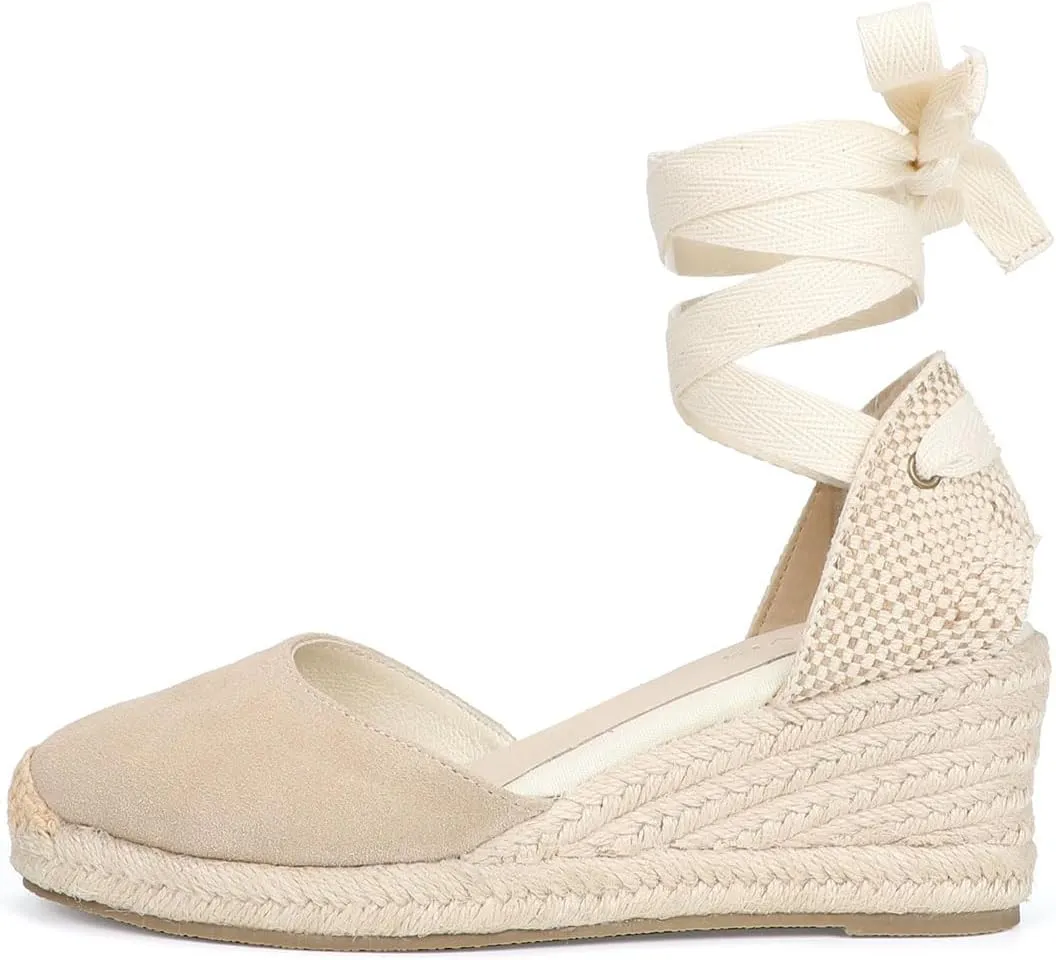 Womens Platform Wedges Espadrilles, 3" Wedge, Soft Ankle-Tie Strap, Closed Toe, Classic Summer Sandals