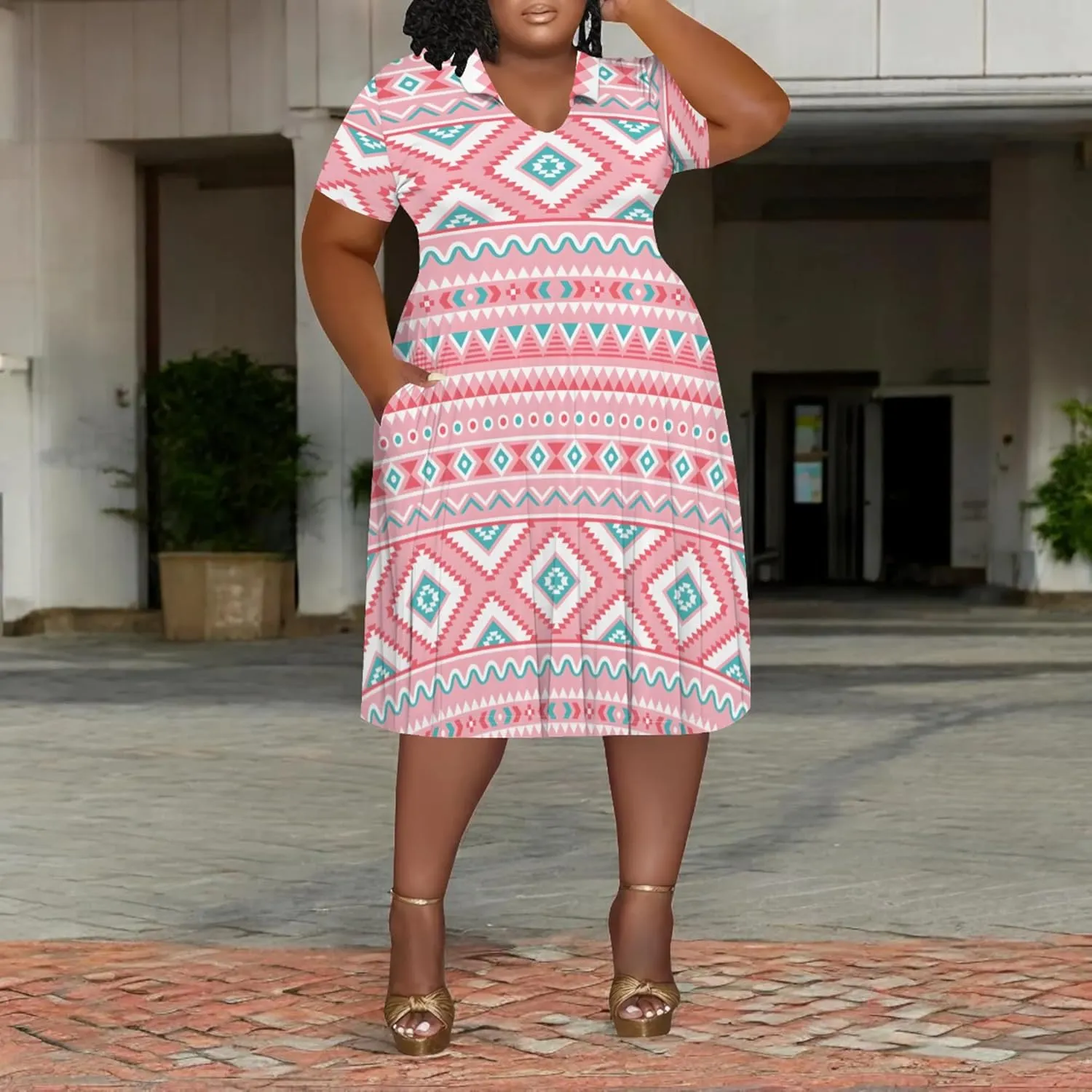 Women's Plus Size V Neck Midi Dress Ethnic Pattern Short Sleeve T Shirt Dress Vacation Dress