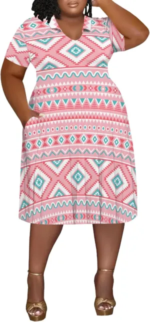 Women's Plus Size V Neck Midi Dress Ethnic Pattern Short Sleeve T Shirt Dress Vacation Dress
