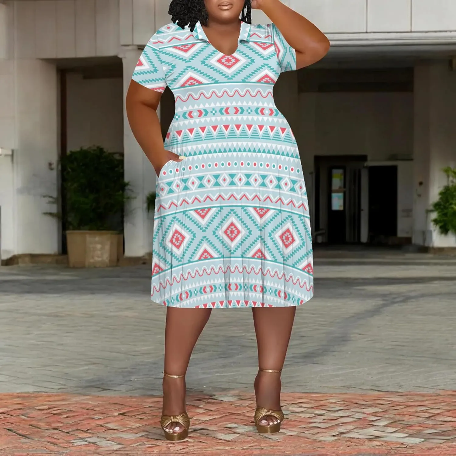 Women's Plus Size V Neck Midi Dress Ethnic Pattern Short Sleeve T Shirt Dress Vacation Dress