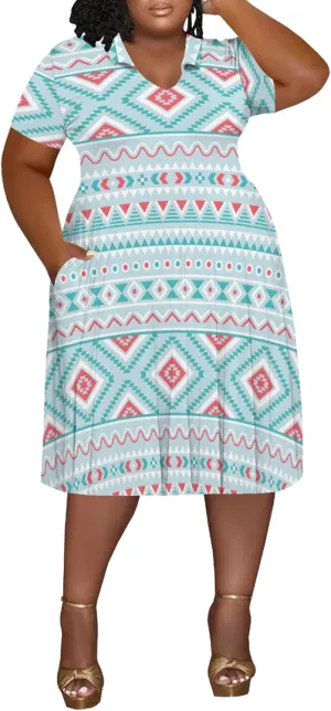 Women's Plus Size V Neck Midi Dress Ethnic Pattern Short Sleeve T Shirt Dress Vacation Dress