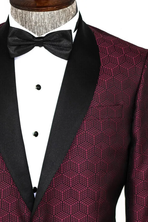 WSS Pentagon Patterned Shawl Lapel Burgundy Men Prom Blazer  - Singen