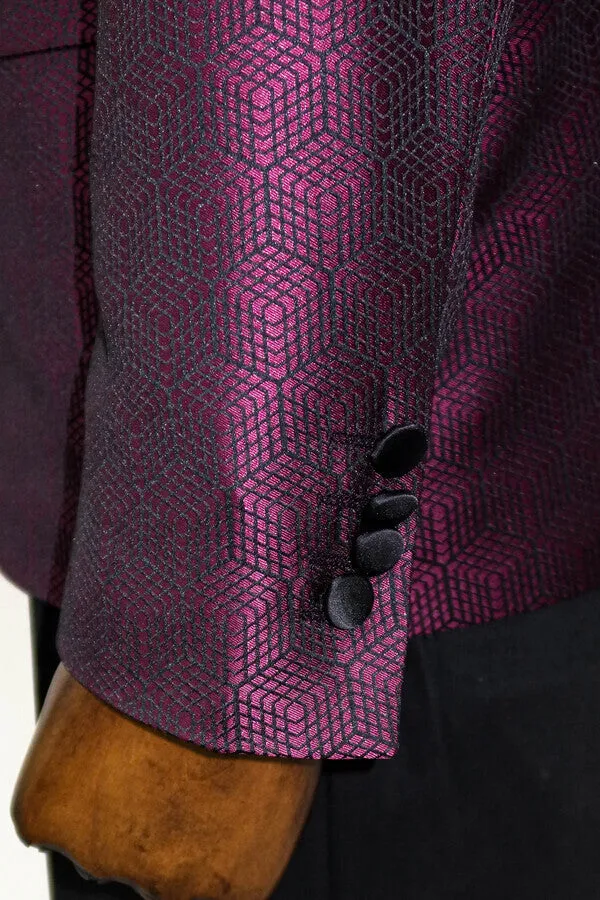 WSS Pentagon Patterned Shawl Lapel Burgundy Men Prom Blazer  - Singen