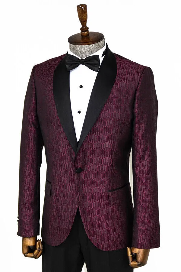 WSS Pentagon Patterned Shawl Lapel Burgundy Men Prom Blazer  - Singen