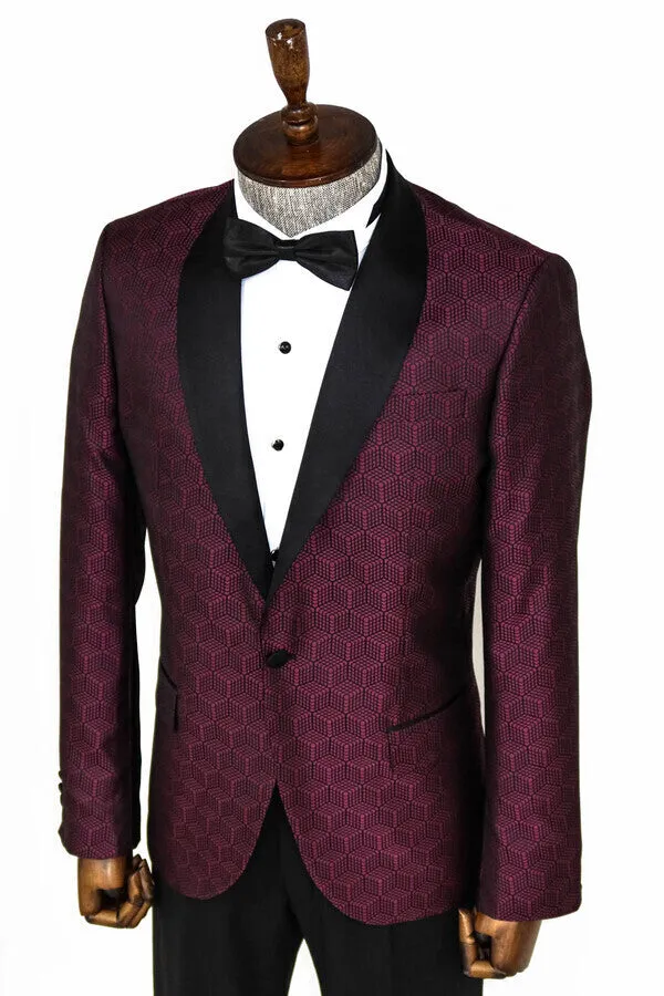 WSS Pentagon Patterned Shawl Lapel Burgundy Men Prom Blazer  - Singen