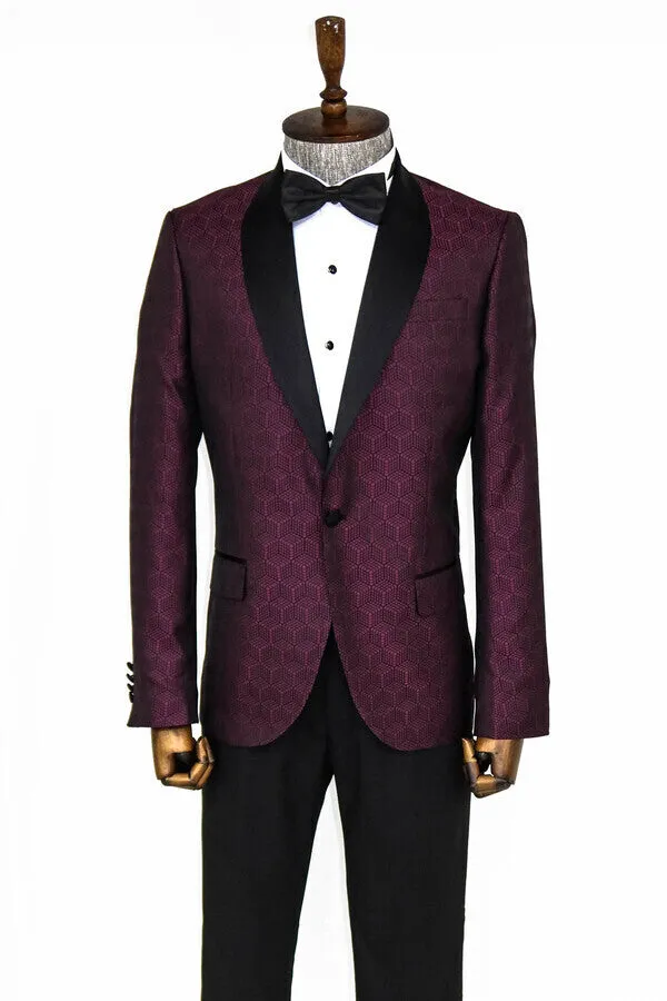 WSS Pentagon Patterned Shawl Lapel Burgundy Men Prom Blazer  - Singen